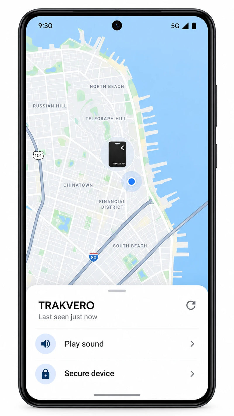 Google Find Hub app showing the TRAKVERO card on a map