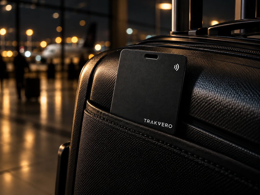 TRAKVERO card in a suitcase pocket at an airport