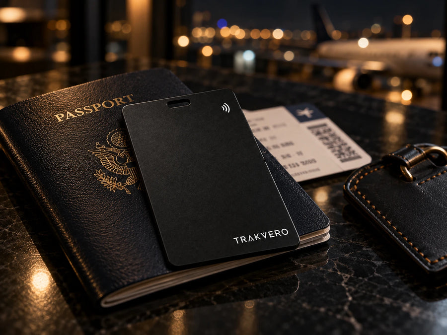 TRAKVERO card resting on a passport and boarding pass