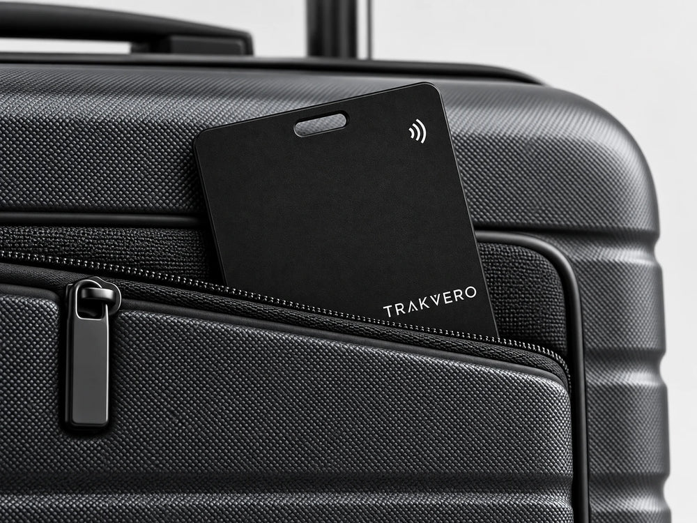 TRAKVERO card in the front pocket of a hard-shell suitcase