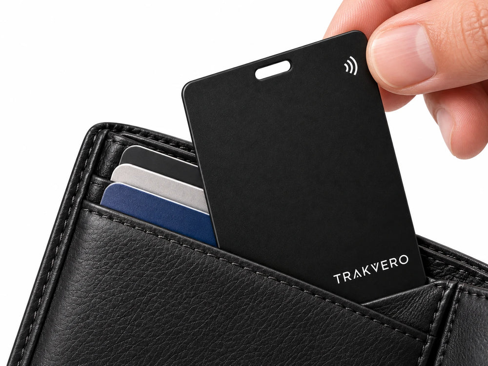Hand pulling a TRAKVERO card from a black leather wallet