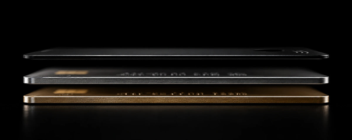 TRAKVERO card next to two bank cards, showing how thin it is