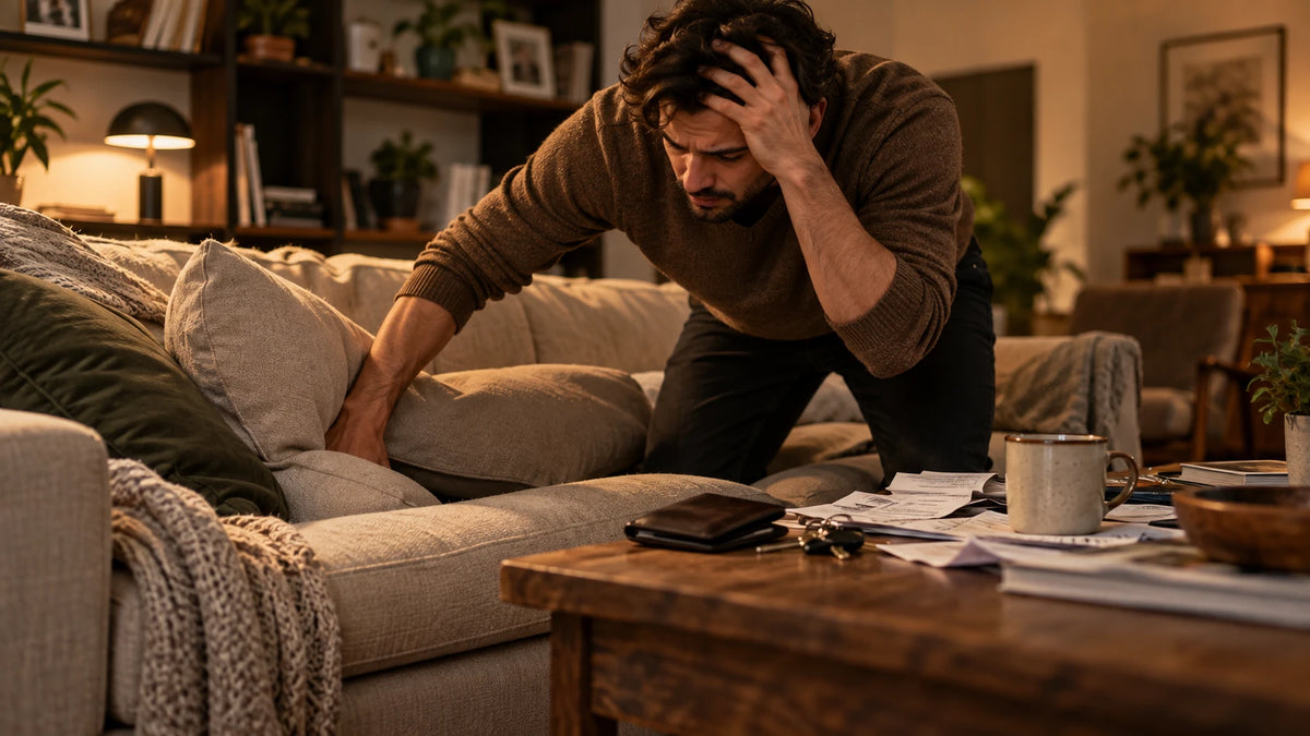 Man searching the sofa cushions for a lost wallet